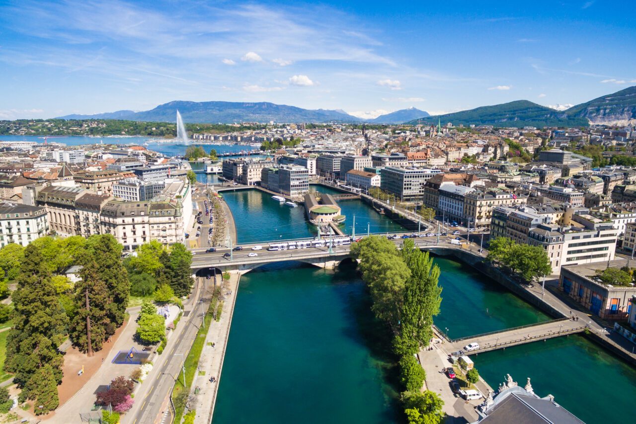 Aerial view of Leman lake –  Geneva city in Switzerland